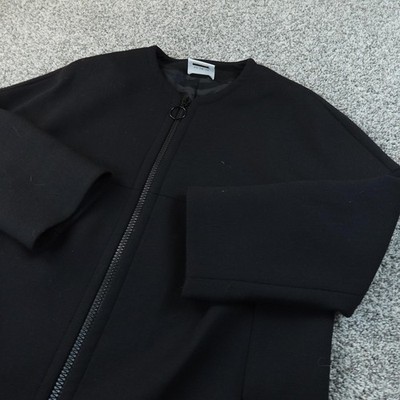 Akris Punto Coat Womens 12 Black Twill Collarless Zip Overcoat Mid Length Jacket