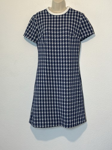 Vintage 60s Sz 14 A Line Sheath Dress Short Sleeve Twiggy Blue White Check