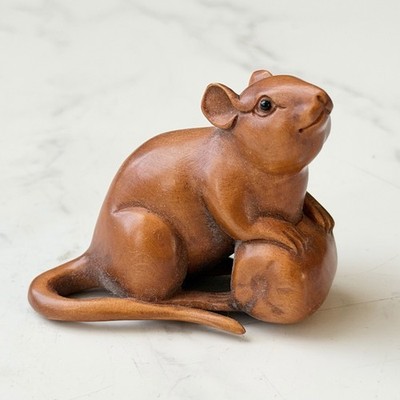 Japanese Boxwood Netsuke Mouse Rat  Hand Carved Figurine Okimono SIGNED