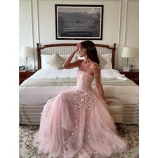 Luxury Pink Strapless Evening Dresses Applique Sleeveless Tulle A Line Prom Gown
