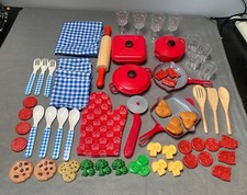 Kids Play Kitchen Set with Blue/White Gingham Accessories Red Cookware