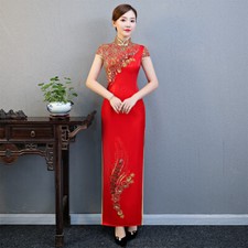 Lady Catwalk Cheongsam Long Slim Chinese Female Summer Red Qipao Cheongsam Gown
