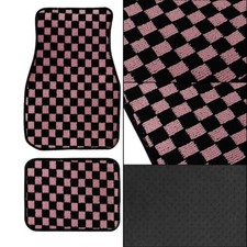 4pcs Universal Checkered Pink Racing Fabric Car Floor Mats Interior Carpets