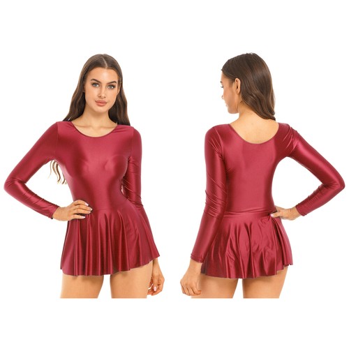 Women's One Piece Dress Leotard Swimwear Long Sleeve Glossy Swimsuit Dresses - Picture 21 of 56