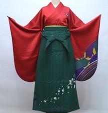 Furisode Kimono  Hakama  Obi sash set L Size Brand New Green Red