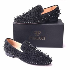 Men FERUCCI Black Spikes Slippers Loafers Flat With Black Crystal GZ Rivet Prom