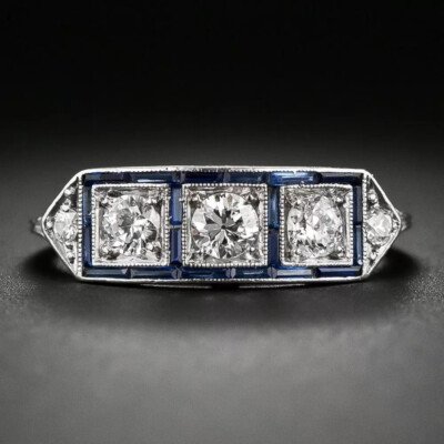 Retro Art Deco 3-Stone Inspired 0.5Ct Round CZ Wedding Bridal Ring 925 Silver