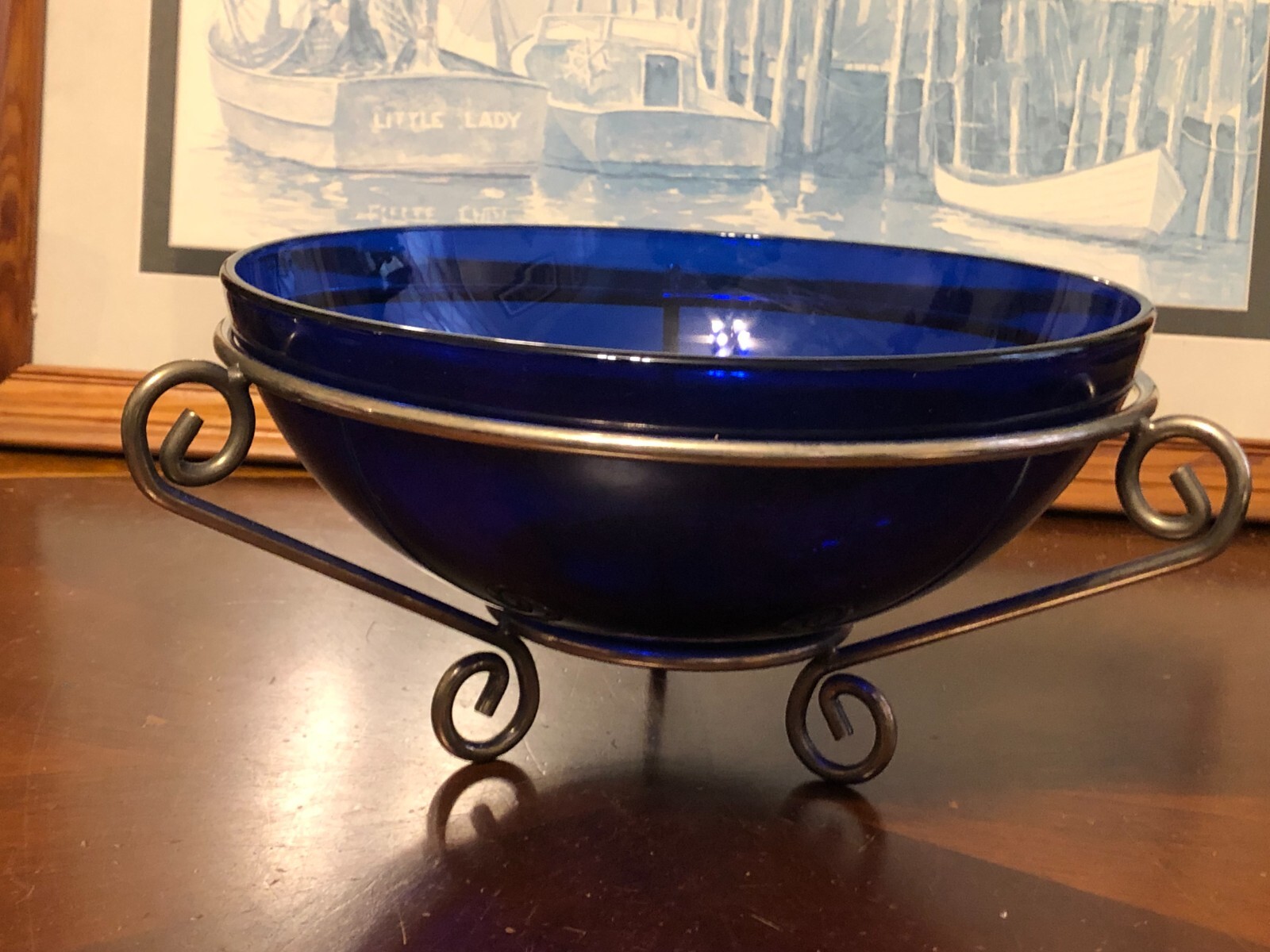 Cobalt Blue Glass Serving Bowl with Sturdy Metal Stand for Fruits or Salads