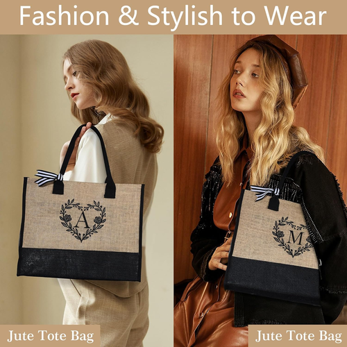 Monogram Jute Tote Bags for Women - Beach Tote Bag with Zipper Makeup Bag Travel - Picture 5 of 13