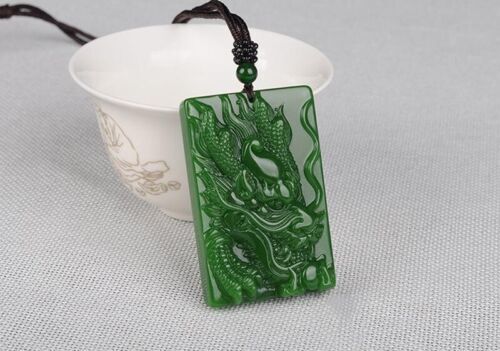 China natürliche grüne Jade handgeschnitzter Drache Halskette Anhänger - Bild 8 von 8