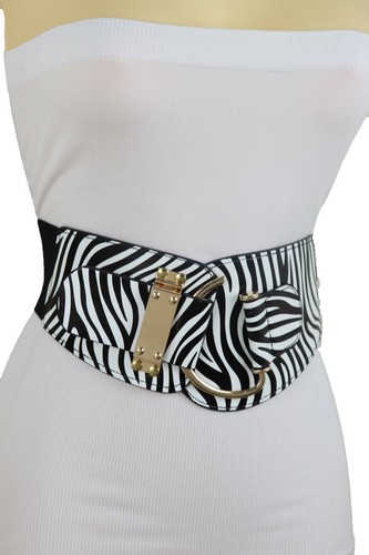 Women Gold Metal Hook Buckle Black White Zebra Print Safari Style Belt Size L XL - Picture 15 of 19