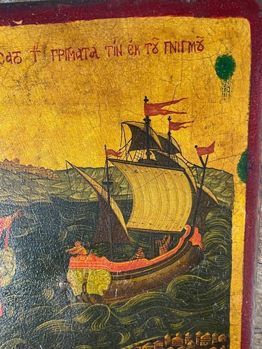 Antique Greek Orthodox Icon Saint Nicholas Miracle at Sea Hand-Painted Wood⭐ - Picture 12 of 20