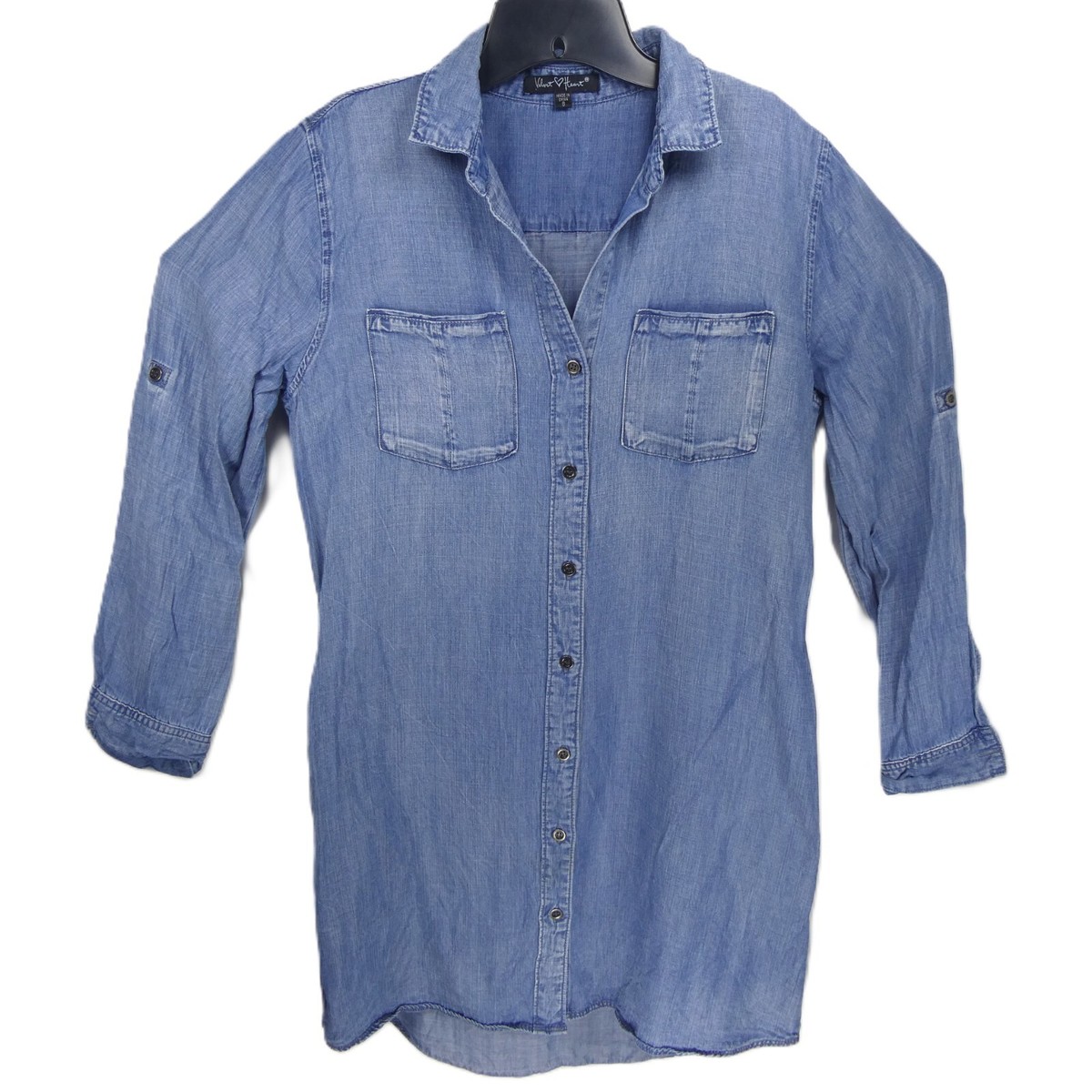velvet heart denim shirt dress Women's Small Blue Button Pockets Roll Tab Sleeve Women's apparel Current - The Grolier 11180 neckline Chest flap patch Print:Gentilhomme