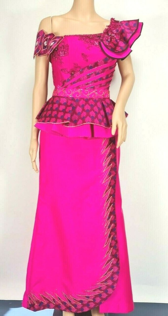 khmer silk dress Cambodia Khmer Traditional Out fit Women Size L Deep Pink Korean Silk Lace  Sets