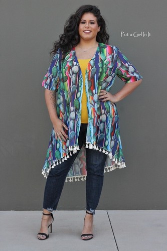Neu ÜBERGRÖSSE Damen-Cardigan blau Kaktus Chiffon Kimono Wickelfransen 1X 2X 3X - Bild 5 von 6