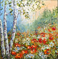 ORIGINAL Painting OIL impasto Birches and Wildflowers  8"x8"by Olga Diduh.