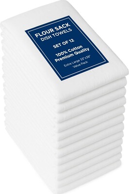 12 Pack Flour Sack Towels, 33''x38'', 100% Cotton, for Embroidery, Cleaning, White