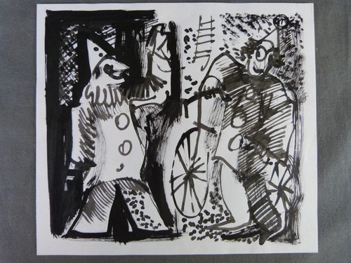 PICASSO en el estilo de, "Payasos" Dibujo en tinta india y lavado firmado GT 1967 - Imagen 3 de 7