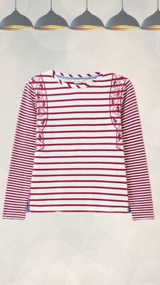 Ex White Stuff Breton Embroidered Interlock Cotton Top in Pink Multi