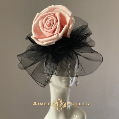 Rose Pink and Black Floral Fascinator Hat for Women Pink Black Feather Fascinator Hat, Kentucky Derby Fascinator  main image 4