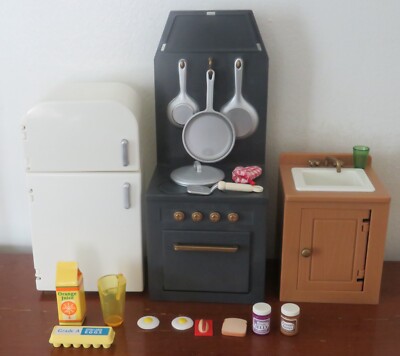 vintage EDEN Toy Kitchen Set REFRIGERATOR STOVE SINK & mini accessories food