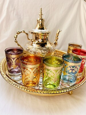 ロッカクアヤコ　ティーセット Tea set Moroccan Tea Set Handmade, Engraved Tray,Teapot & 6 Glasses ,Boho
