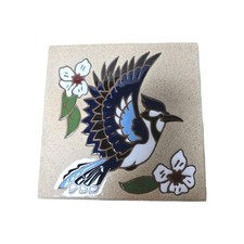 Vintage Trivet Ceramic Tile Blue Birds Blue Jay's Handpainted Made In USA