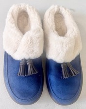 Vionic Women's Moccasin Slippers Blue Suede Faux Fur Lined Bow Comfort 6.5