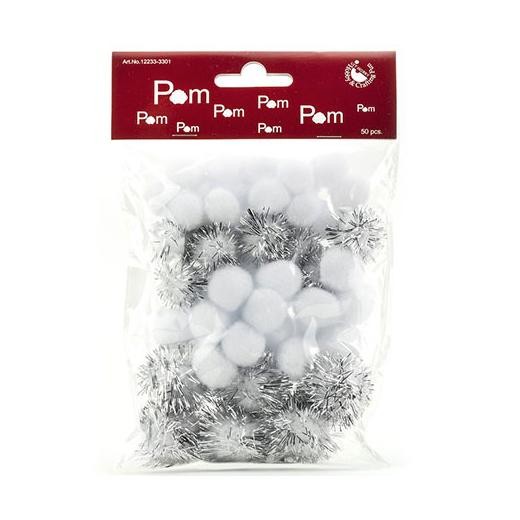 Hobby & Crafting Fun Chenille & Twinkle Pom Poms - 50pcs White & Silver