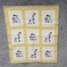 Vtg 1970s Handmade Baby Crib Quilt Embroidered Elephant Giraffe Yellow Gingham