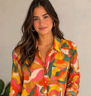 True Destinations Resort Shirt Dress Size M Button 70's Look Long Sleeve Hi-Low