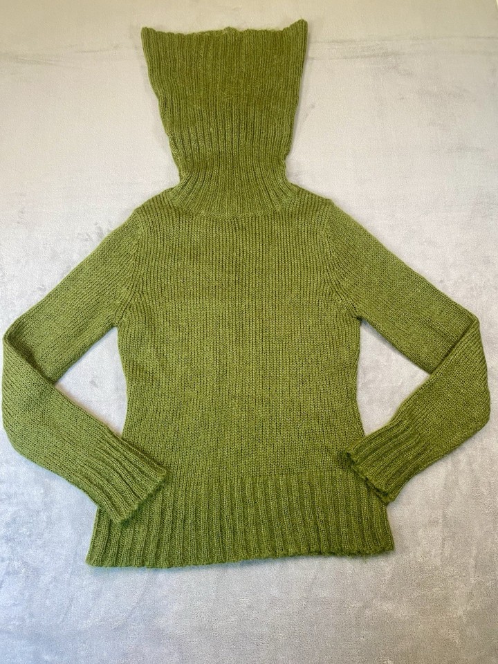Fuzzy Soft Mohair Blend Green Knit Jumper szS Jumbo Turtleneck Warm