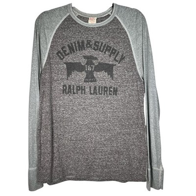 Denim & Supply Ralph Lauren Mens Gray Raglan Sleeve Graphic T-Shirt Size Medium