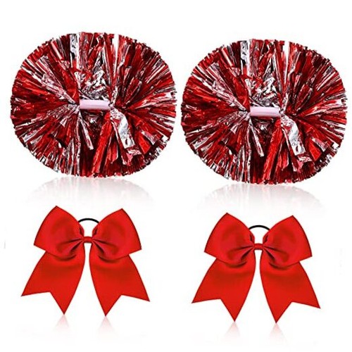 2 Pack 14 Inch Metallic Cheerleading Pom Poms with 2 PCS Cheerleader Hair