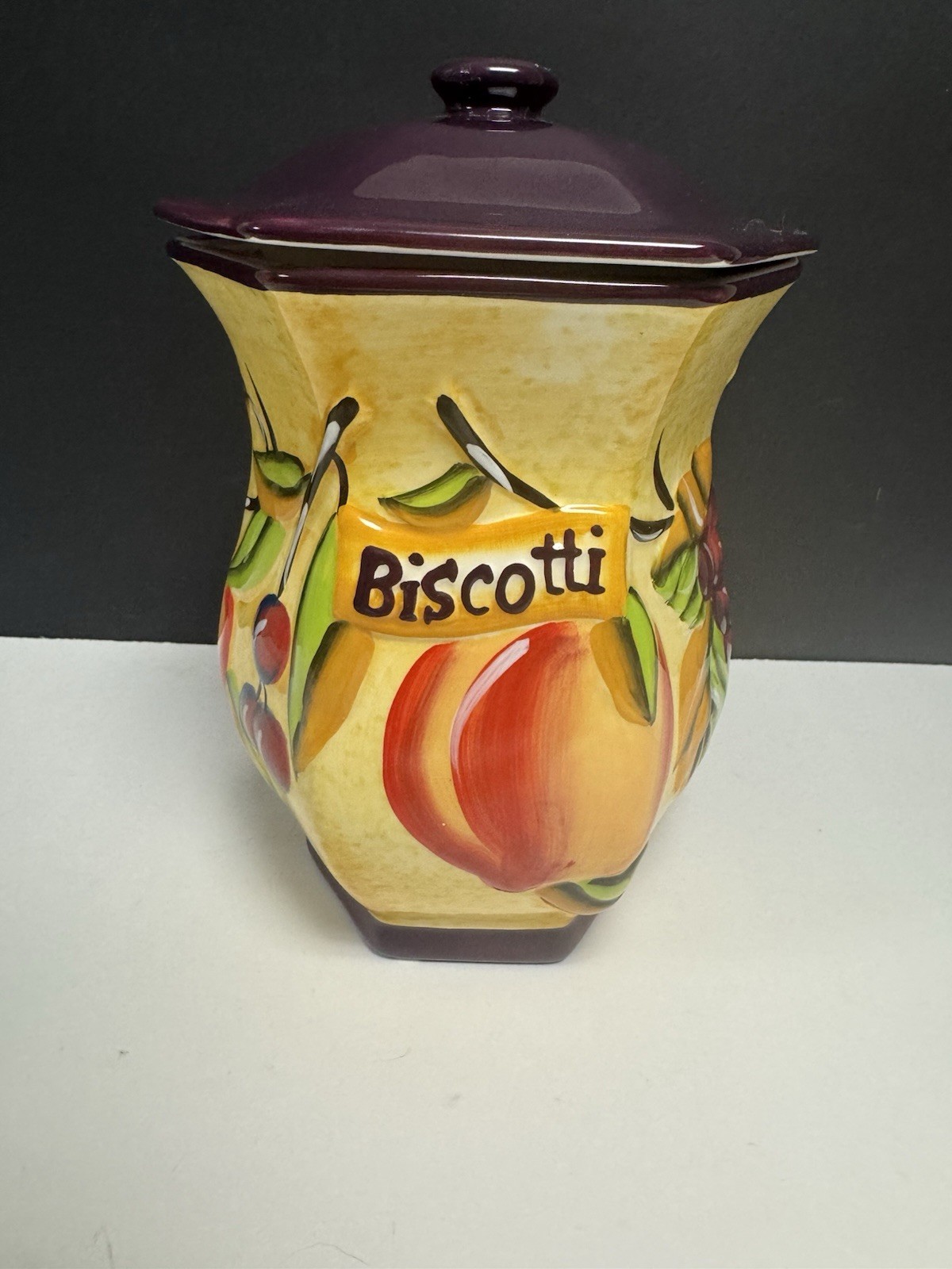 Nonni's Biscotti Ceramic Cookie Jar Canister Hand Painted 3D Purple Fruit 9.5