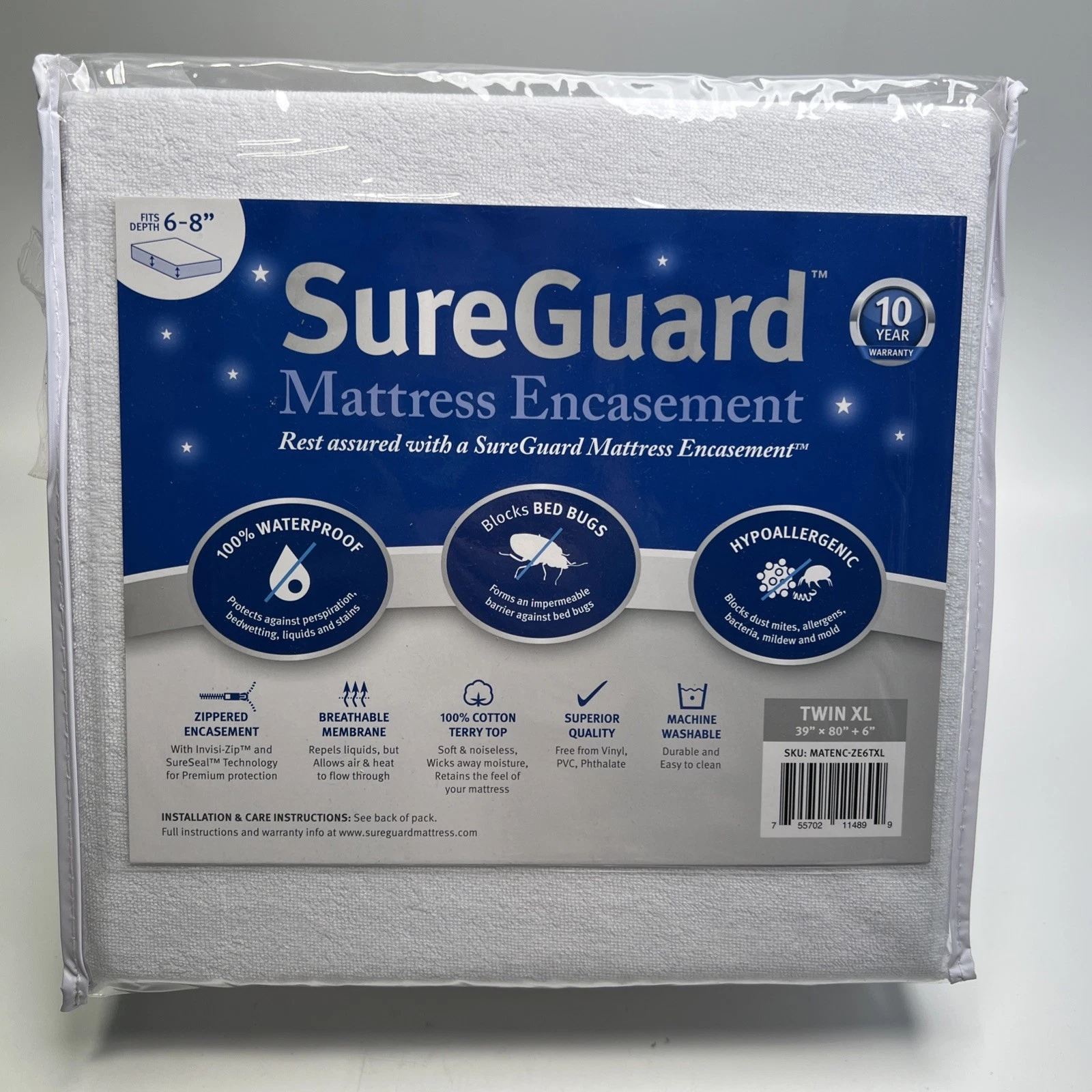 Sure guard Mattress Encasement Twin XL 39” X 80” X 6” Fits Depth 6-8”
