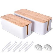 2 Pack Large Cable Management Box   Wooden Style Cord Organizer and Cover White