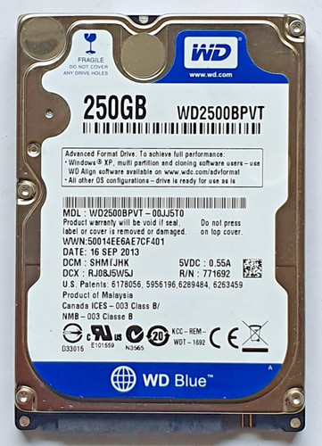 250 GB SATA Western Digital WD2500BPVT-00JJ5T0 5400RPM 8MB HDD 2,5" Festplatte