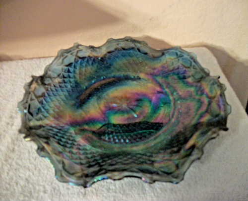 Vintage Indiana Blue Iridescent Carnival Glass 10" Dish Diamond Ruffled Edge