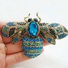 LARGE Retro Crystal Bee Blue Brooch Pin - Rhinestone Insect Jewelry Summer Gift