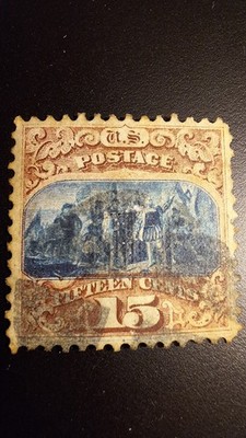 US Stamps, Scott #118, U/F/LH, Columbus, 15 cent, Brn & Blu, G Grill, 1869, T-I 