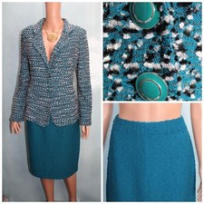 St John Collection Knit Teal Blue Jacket Skirt L Size 10 12 2pc Suit Buttons