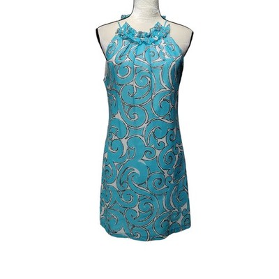 Milly of New York Women's Sz 6 Blue Cotton Halter Sheath Dress Ruffle Neck