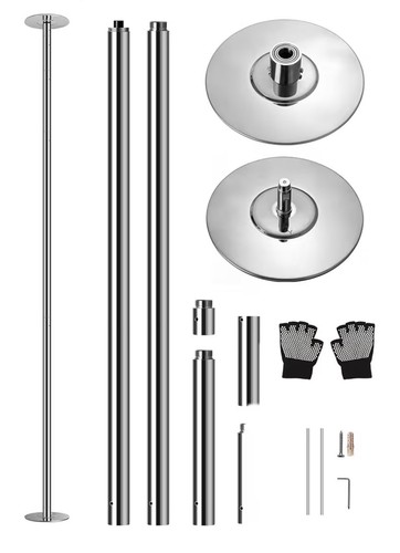 Spinning Dance Pole Complete Set Silver Metal w/ Domes, Hex Keys, Gloves