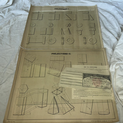 2 RARE ANTIQUE 1906 ARCHITECTURAL School Plate Drawings 14''X 18'' Geometric Shape