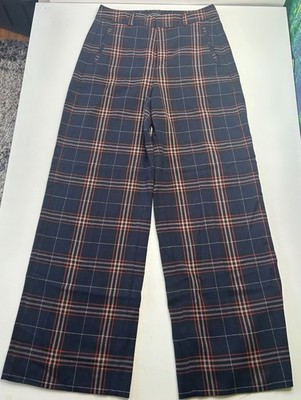 Banana Republic Plaid Wide Leg Pants Womens 4P Navy Red Career Stretch Trouser