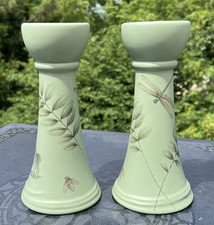 Vtg Dragonfly 9" Sage Green Candle Holder Pair -  Pfaltzgraff Naturewood
