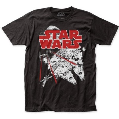 Men's Star Wars Space Fight T-Shirt Death Star Millenium Falcon Tie Black - New