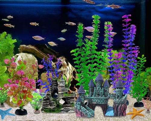 Fish Tank Aquarium Castle Cave Hideout Coral Ornament Artificial Plant Set 13PCS - Bild 3 von 9