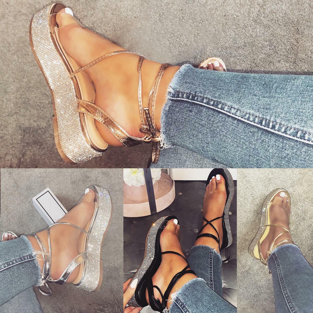 Womens Ladies Flatforms Sandals Platform Diamante Lace Up Flat Perspex Shoe  Size | eBay